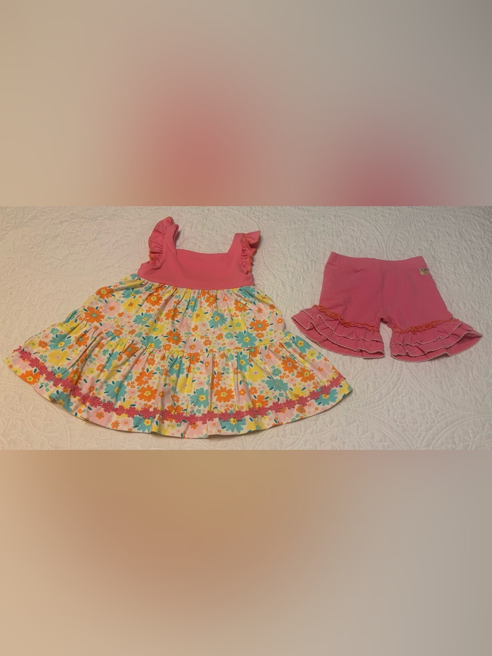 Wildflowers Floral Twirl Tunic & Pink Icing Ruffle Shorts Set-Size 4